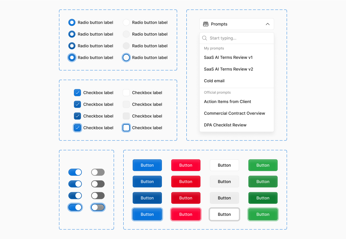 A layout of different UI elements such as radio buttons or checkboxes, showcasing GC AI's design system