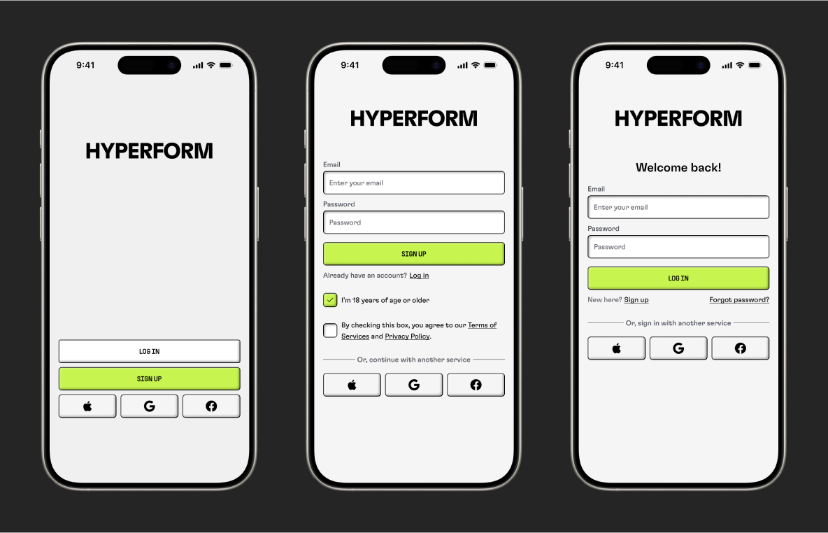 3 phones displaying the start, login, and signup screens of Hyperform