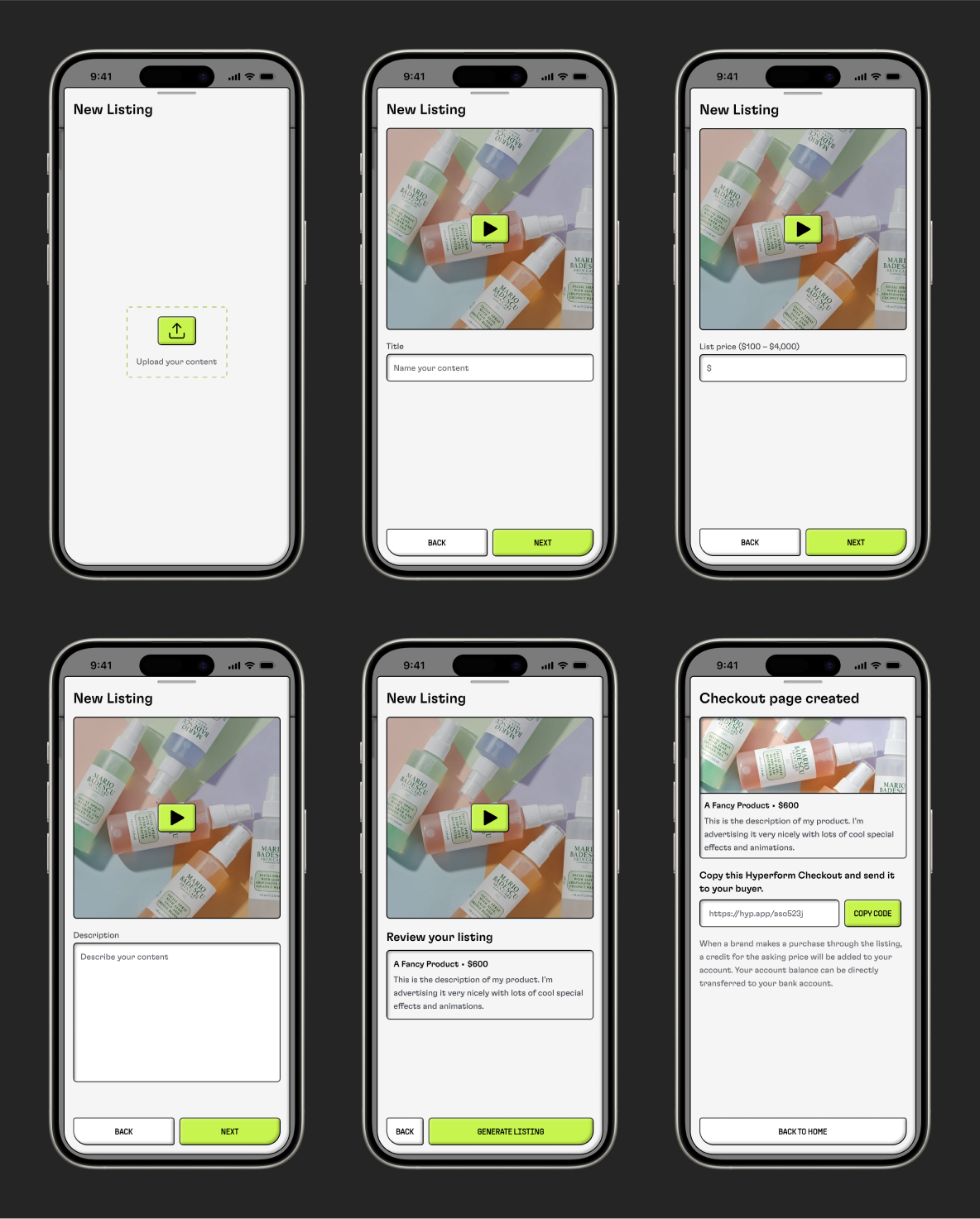 6 phones displaying the flow for creating a new listing