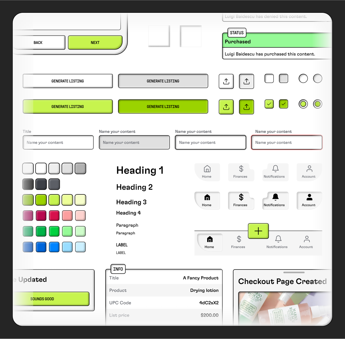 An arrangement of different UI components included in Hyperform's design system such as colors, typography, buttons, form elements, etc.