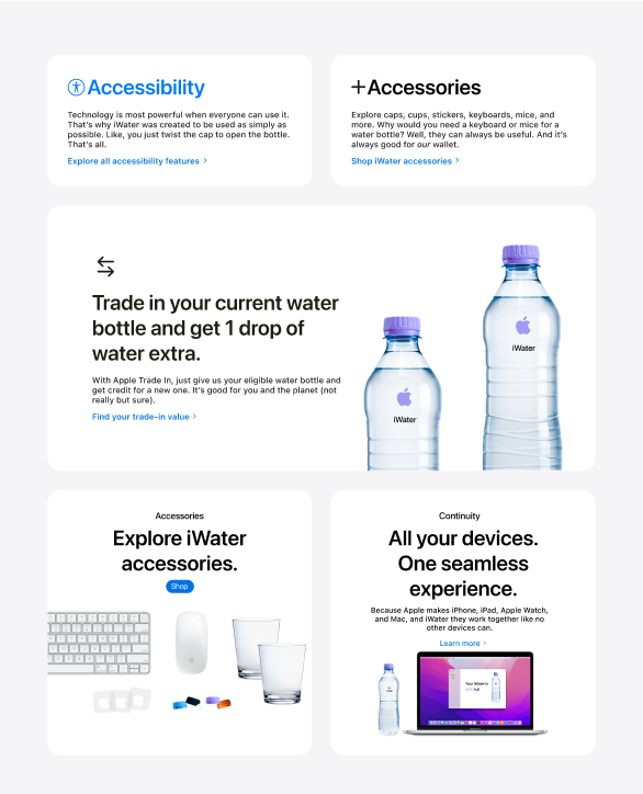 A bento box layout showcasing several features of iWater such as Accessibility, Acccessories, Trade In, and more