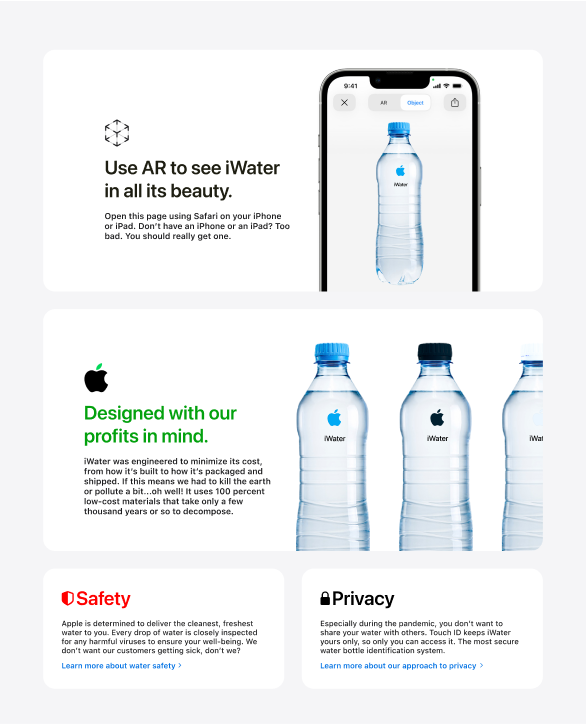 A bento box layout showcasing several features of iWater such as Use AR to see iWater, Safety, and Privacy