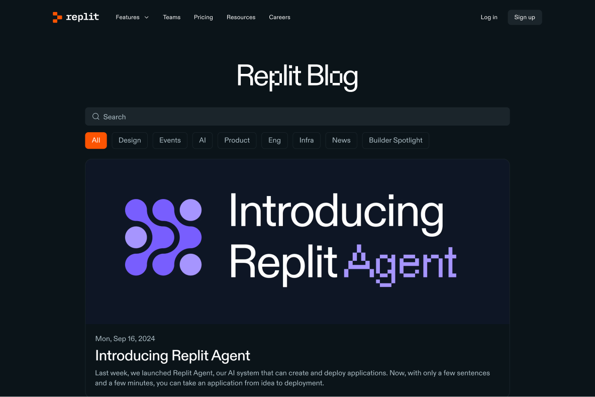 The Replit Blog page, displaying a searcbar, category filters, and a first blog post about Replit Agent